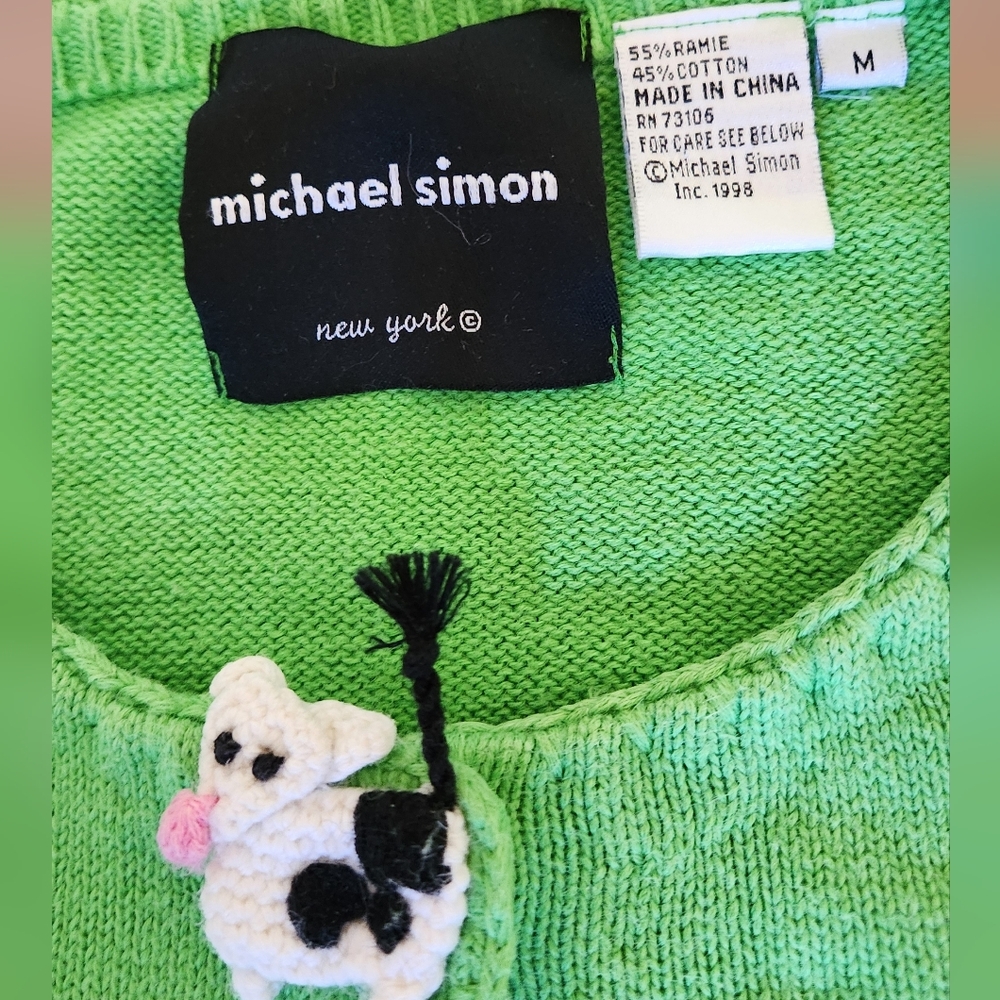 Vtg Michael Simon Kelly Green Cotton Farm Animals Cardigan Yarn Zoo Spring Med - Picture 2 of 8